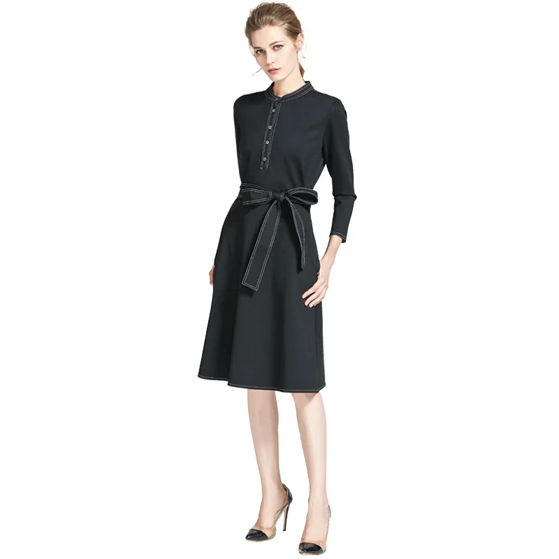 

Zoulv 2021 Spring Fashion Women's Stand-up Collar Nine-point Sleeve A-line Skirt Elegant Black High Waist Belt Mid-length Skirt