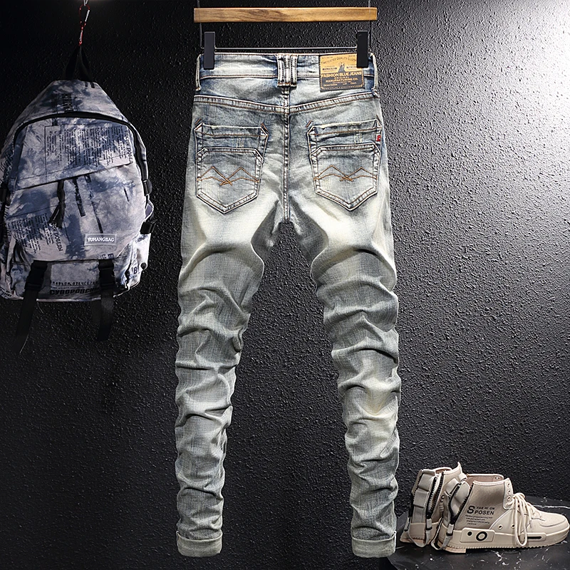 Italian Style Fashion Men Jeans Retro Distressed Elastic Slim Fit Ripped Jeans Men Scratch Vintage Designer Casual Denim Pants