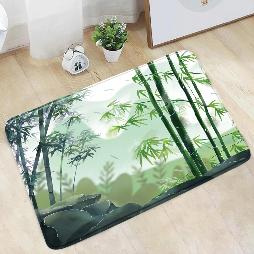 

Green Bamboo Bathroom Mat Forest Leaf Mountain Plant Landscape Home Decoration Non-Slip Rug Bedroom Kitchen Doorway Aisle Carpet