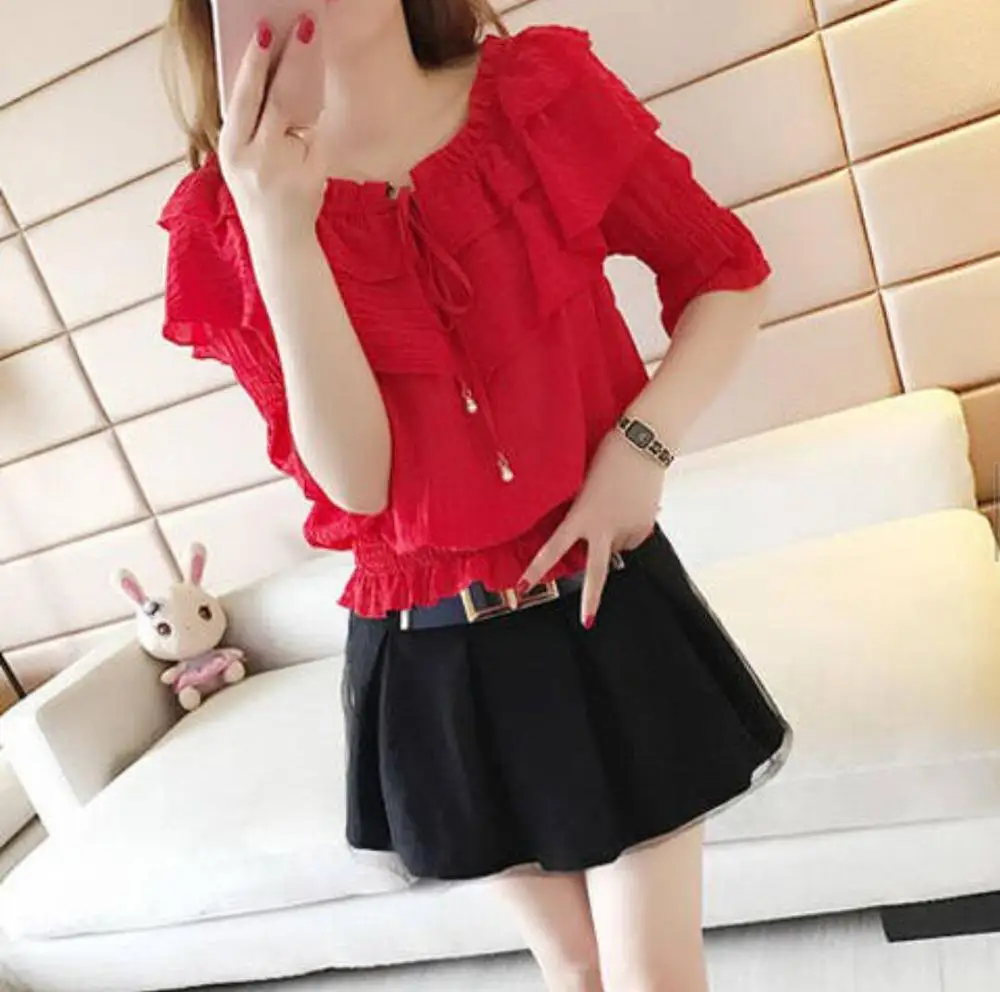 

Women's Spring Summer Chiffon Blouses Casual Women's Ruffles Short Sleeve O-Neck Slim Shirts Elegant Women's Blusas Tops