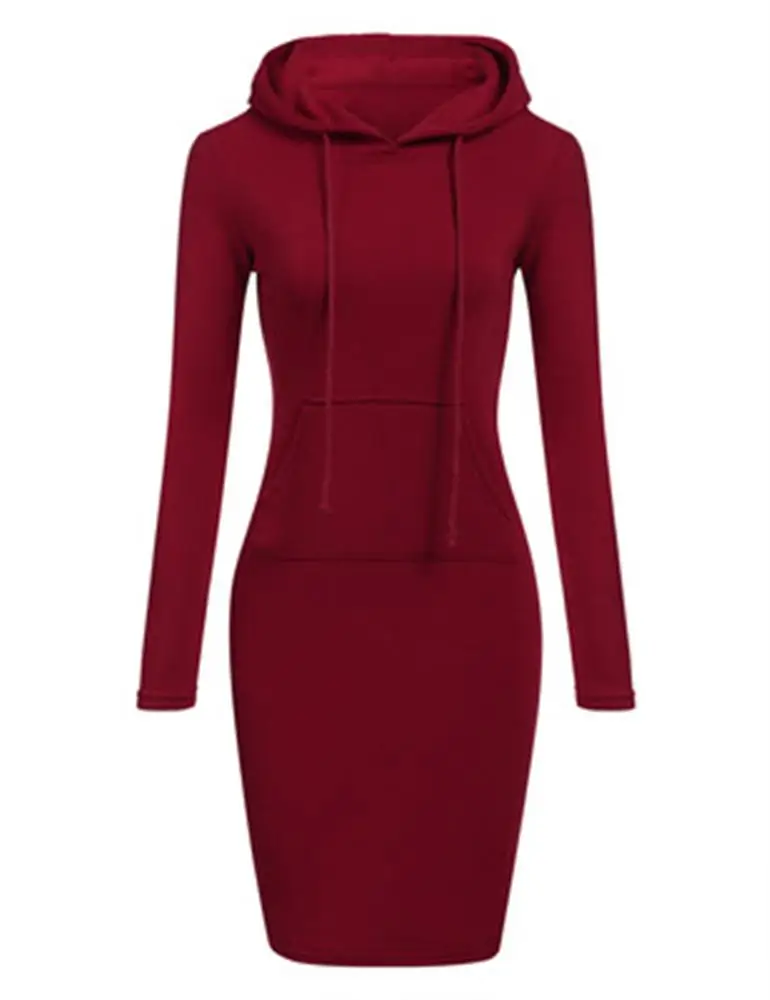Wine red Осенне-зимняя теплая толстовка с длинным рукавом платье Женская одежда с капюшоном на шнурке флисовое женское платье с карманами простой дизайн - Цвет: Wine red