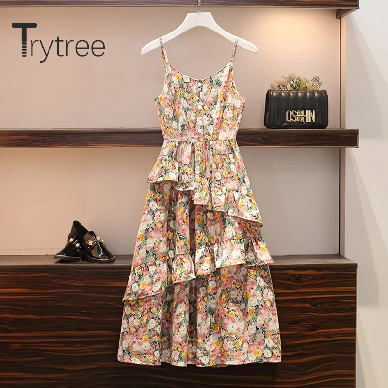 Летнее женское платье Trytree 2020 повседневное модное с V образным вырезом пышными