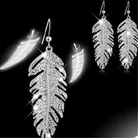 fashion feather long leaf drop dangle earring necklace jewelery set crystal rhinestone party women gift