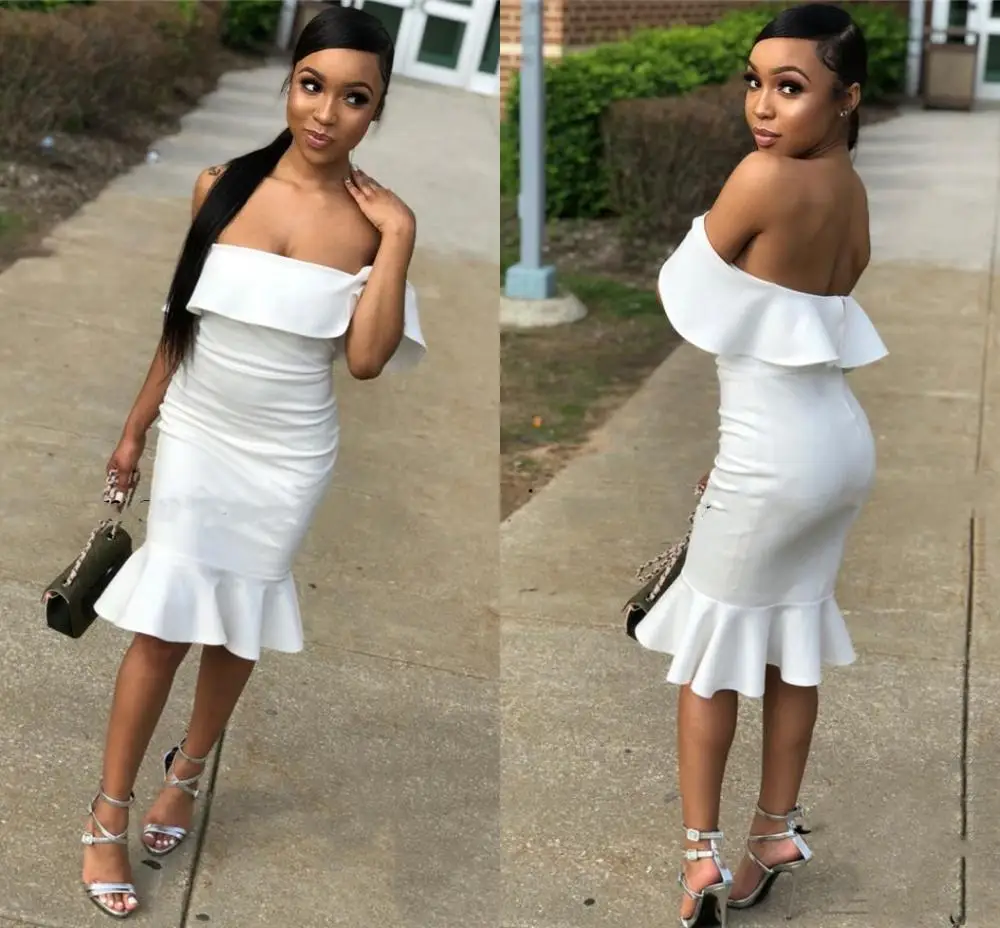 

Backless Short Mermaid Cocktail Dresses Off Shoulder Knee Length Women Prom Party Gowns vestidos de cóctel Customized Cheap