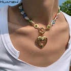 HUANZHI 2021 Новое корейское ожерелье с сердечками из натурального пресноводного жемчуга и стекла ручная роспись цветочное ожерелье для женщин ювелирные изделия для вечерние Ринок
