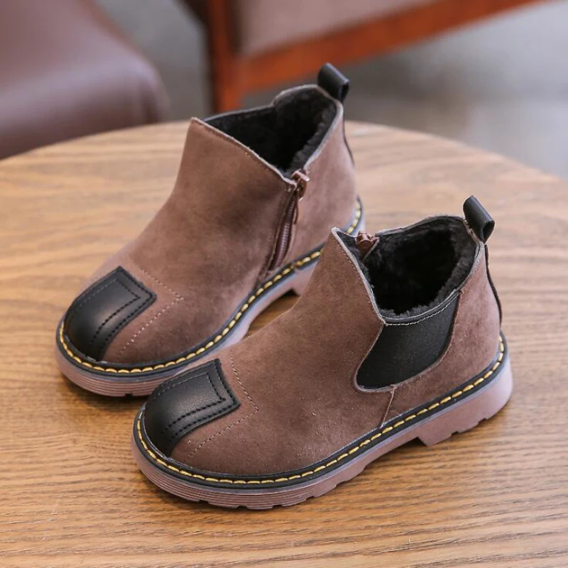 Winter British Children Leather Boots Warm Wool Big Girls Short Waterproof Boots Boys Cotton Fur Shoes Baby Toddler Fashion Show