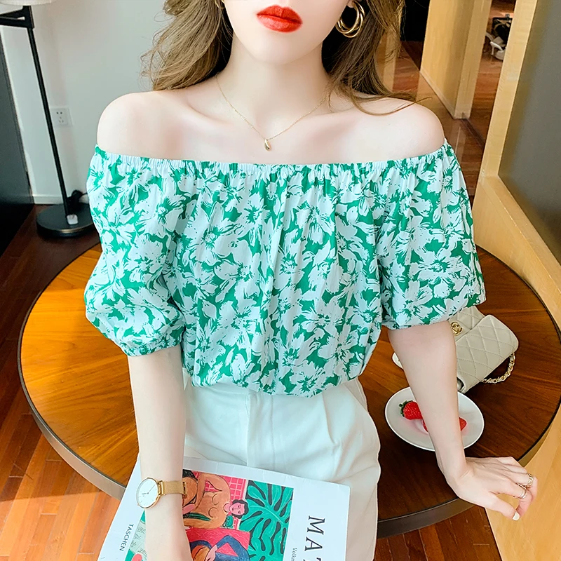 

096 # to film! 2021 summer sexy shoulders a word holiday wind hubble-bubble sleeve blouse