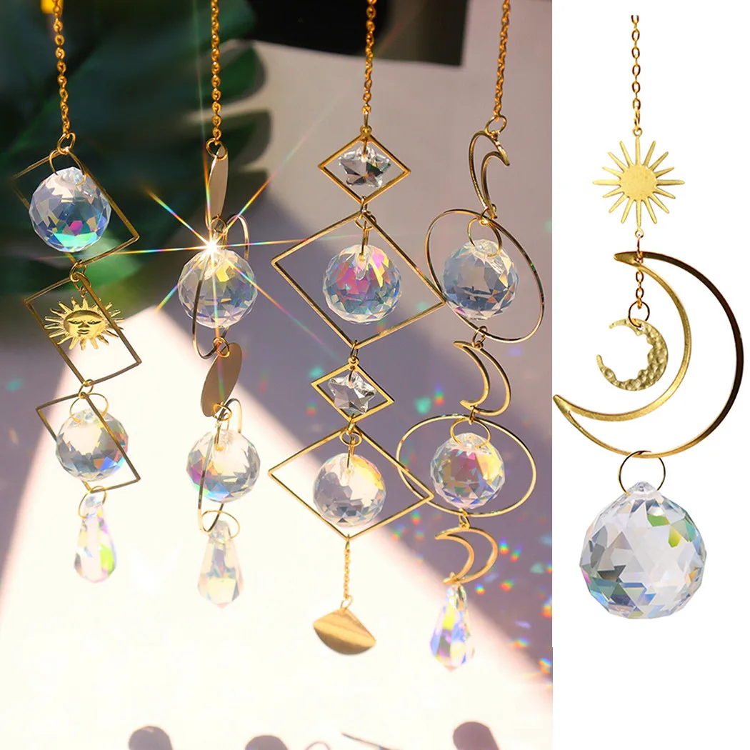 

Transparent Crystal Ball Feng Shui Pendant Hanging Rainbow Wind Chime Ornament Moon Ring Rainbow Maker Pendant Home Garden Decor