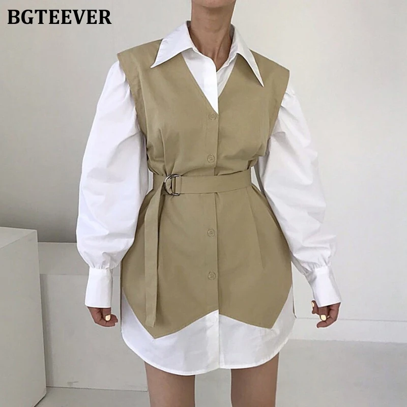 

Стильное женское платье-рубашка BGTEEVER в стиле пэчворк, Элегантное однобортное облегающее женское платье-трапеция с длинным рукавом и поясом...