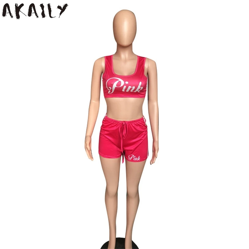 

Akaily Streetwear Letter Print Backless Crop Top Shorts 2 Two Piece Set Women Tracksuit Matching Sets Summer Female Outfits 2021