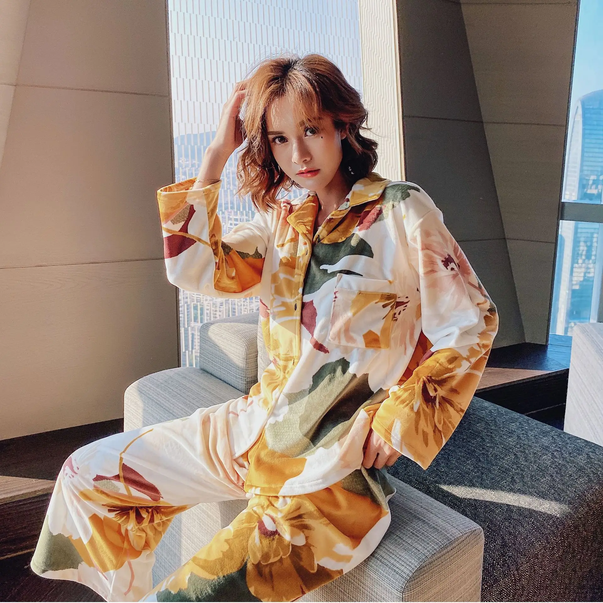 

Pajama set winter ladies printed bathrobe set long sleeve lapel casual home wear elegant pregnant women night gowns