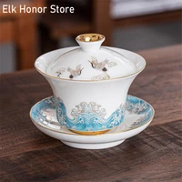 120ml white nephire porcelain gaiawan crane wave plated tea bowl household gaiwan teacup kung fu puer tea tea set tea ceremony