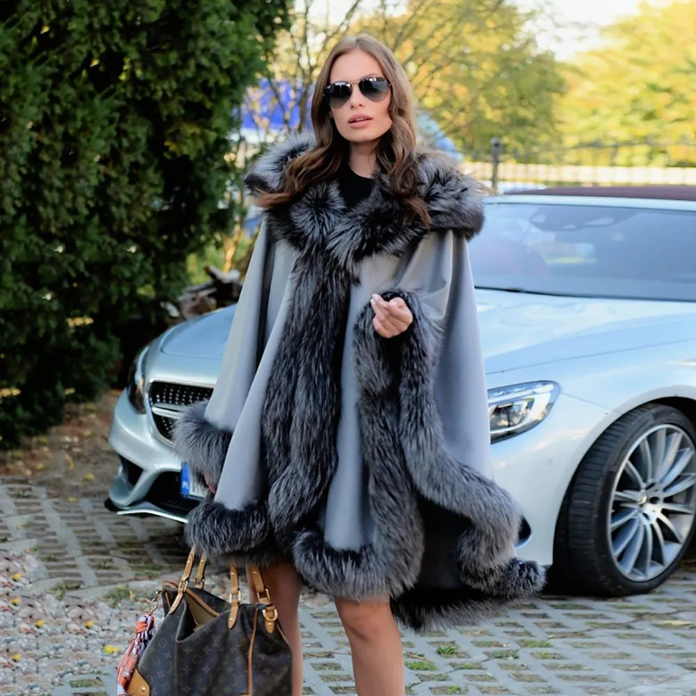 Fashion Women Natural Silver Fox Fur Cashmere Capes Luxury Full Pelt Genuine Fox Fur Ponchos Female Winter Fur Wool Blend Shawl