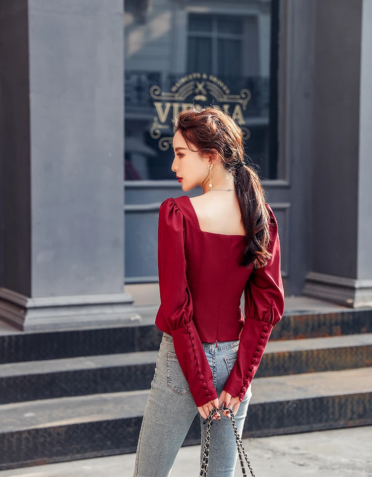 Весна 2020 Новая Винтажная Красная футболка с длинным рукавом и вырезом лодочкой