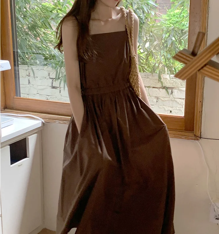 

Korean Chic Summer Elegant Retro Elegant Brown Elastic High Waist Loose All-Match Suspender Dress Long Skirt for Women