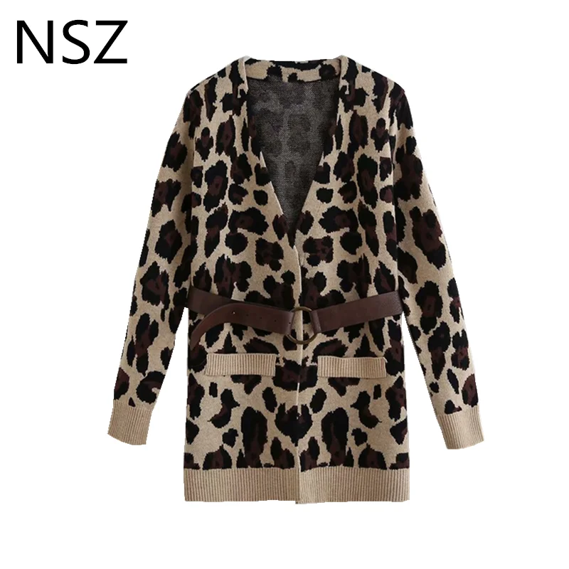 NSZ женский животный Леопардовый трикотаж с принтом длинный рукав вязаный
