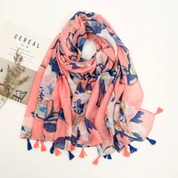 fashion design lovely floral tassel viscose shawl scarf lady high quality neckerchief spring summer foulards muslim hijab sjaal