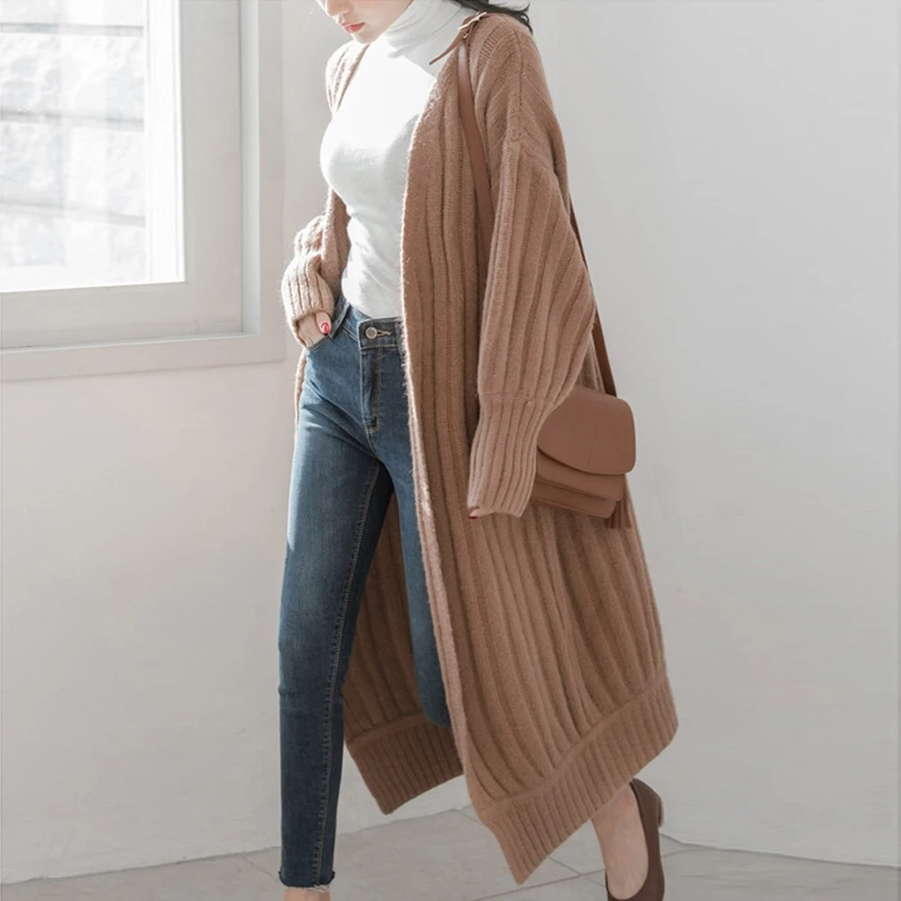 

2021 Korean Mid-length Coat Women Thick Knitted Sweater Simple Long Solid Loose Ladies Cardigan Female Clothes Кардиган Женский
