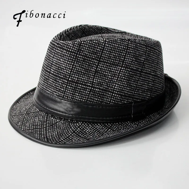 

Fibonacci Mens Fedoras Black Panama Fashion Hat Imitate Wool Male Gangster Trilby Cap Casual Party Wide Brim England Jazz Hats