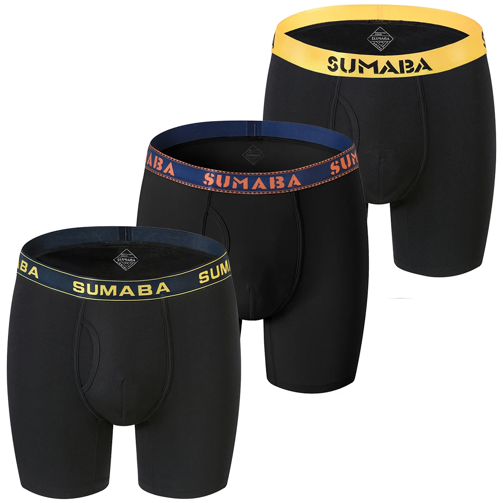 Jinsh Black 3 Pack Men's Long Leg Boxer Briefs No Ride Up Bamboo Breathable Open Fly Underwear Size M-3XL