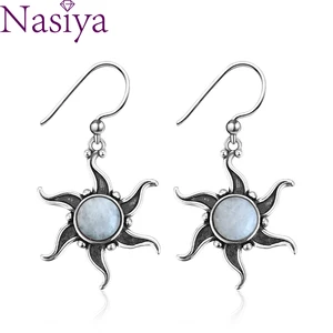 Женские винтажные серьги-подвески из серебра 925 пробы с натуральным лунным камнем