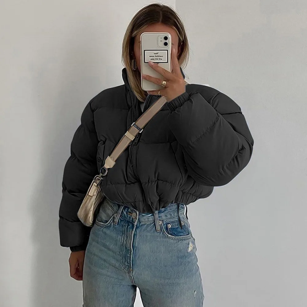 

Women Short Puffer Jacket Cotton-Padded Thick Drawstring Parkas Zipper Winter Bubble Coat Warm Casual Hot Street Outfits