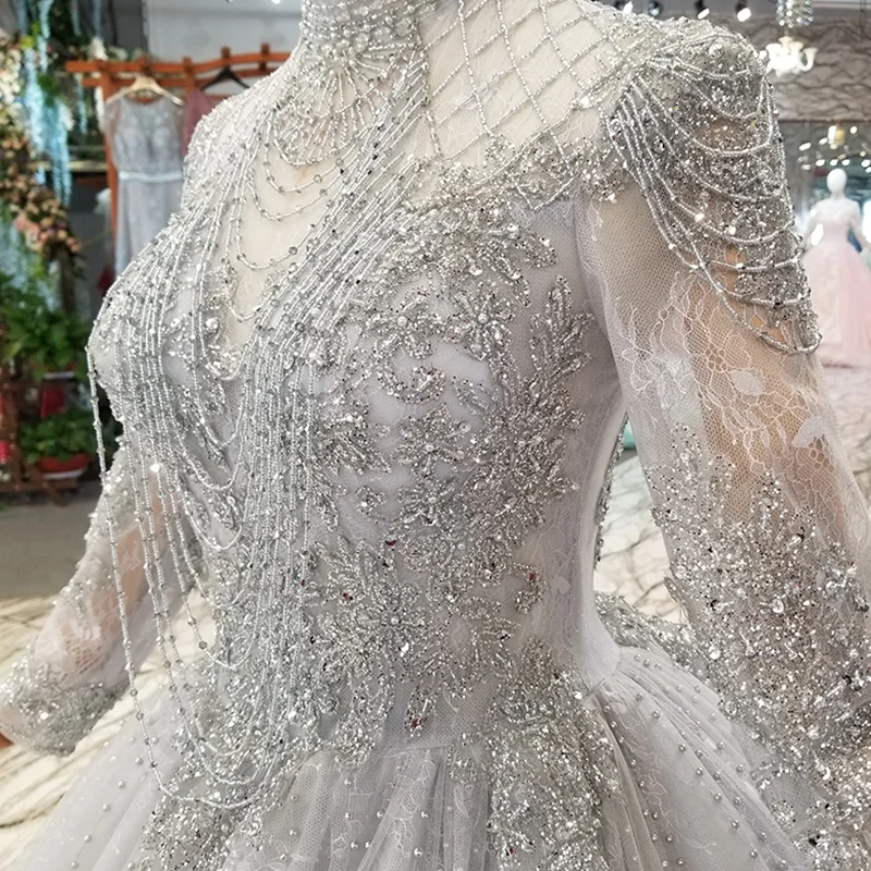 LS11026G high quality grey women occasion dress ball gown tassel beaded high neck tulle long sleeve shiny mother of bride  dress