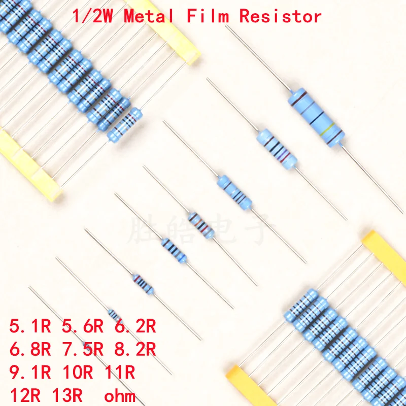 

50pcs 1/2W Metal Film Resistor 1% 5.1R 5.6R 6.2R 6.8R 7.5R 8.2R 9.1R 10R 11R 12R 13R 5.1 5.6 6.2 6.8 7.5 8.2 9.1 10 11 12 13 Ohm