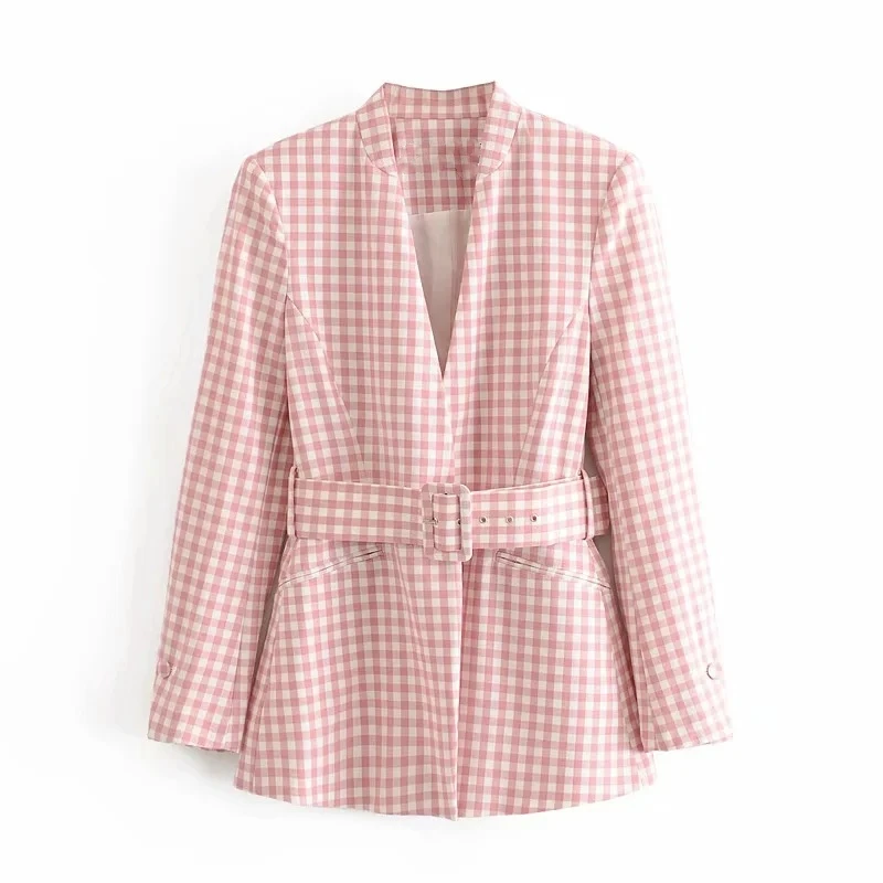 

DOUJILI 2021 Fashion Women Suit Blazers Long Sleeve V Neck Belt High Quality Casual Pink Suit Jacket For Lady
