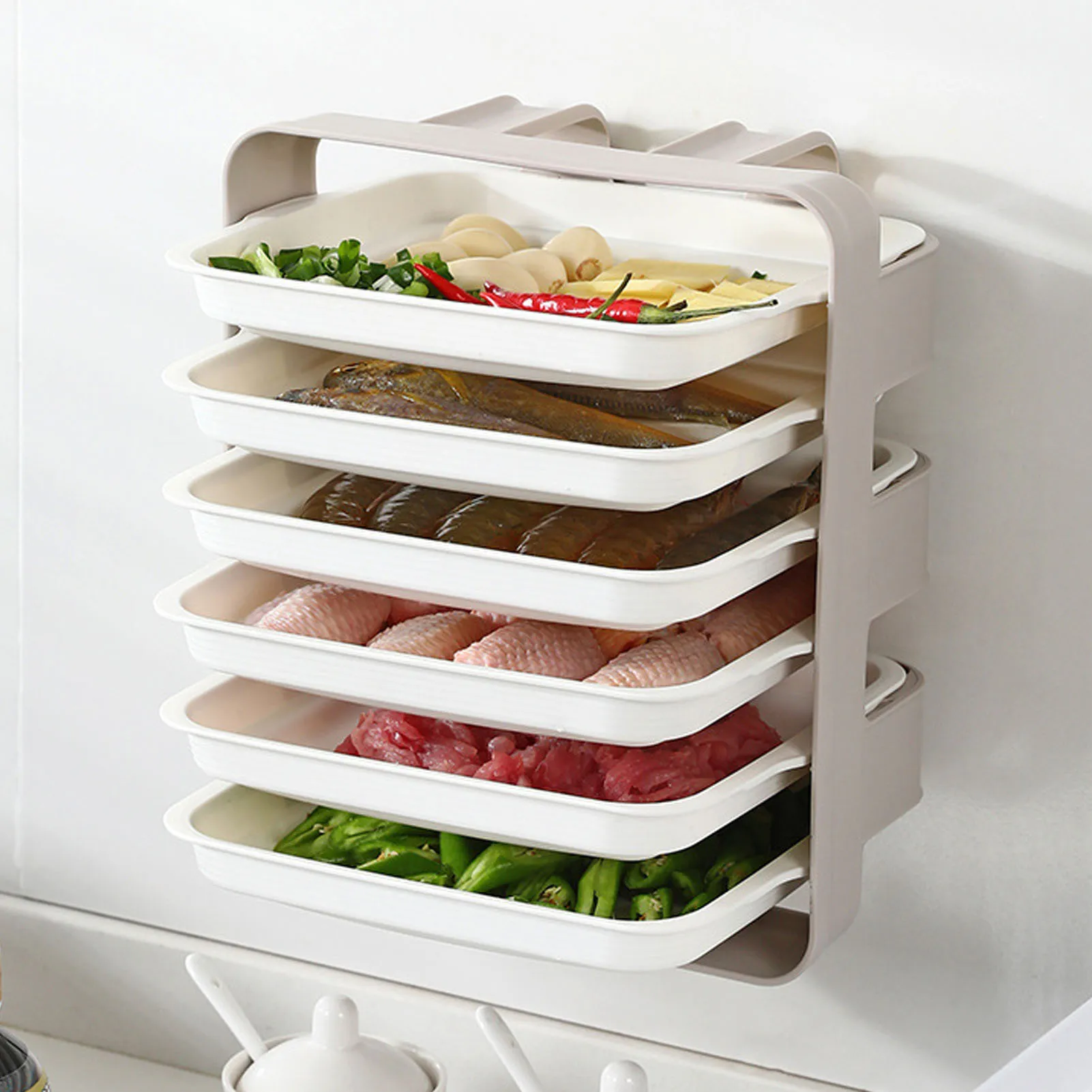 

New Creative Wall-mounted Kitchen Food Storage Organizer Stackable Cooking Plate Fruit Hot Pot Side Dish Plate Serving Tray