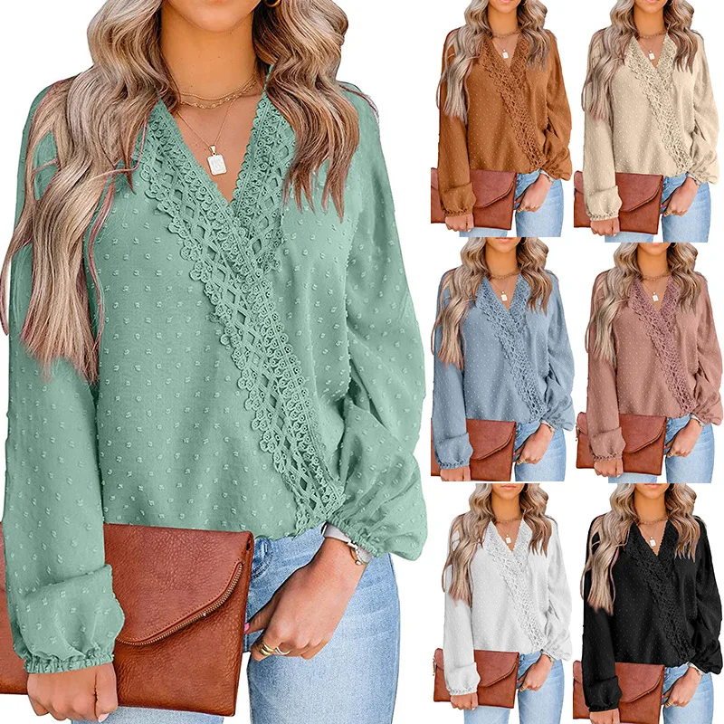 Блузка женская шифоновая свободного кроя модная кружевная рубашка в стиле