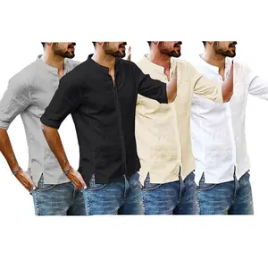 Рубашка мужская с V-образным вырезом, Повседневная блуза из хлопка и льна, Однотонная футболка с рукавом 2020, в наличии 4 цвета, лето 34