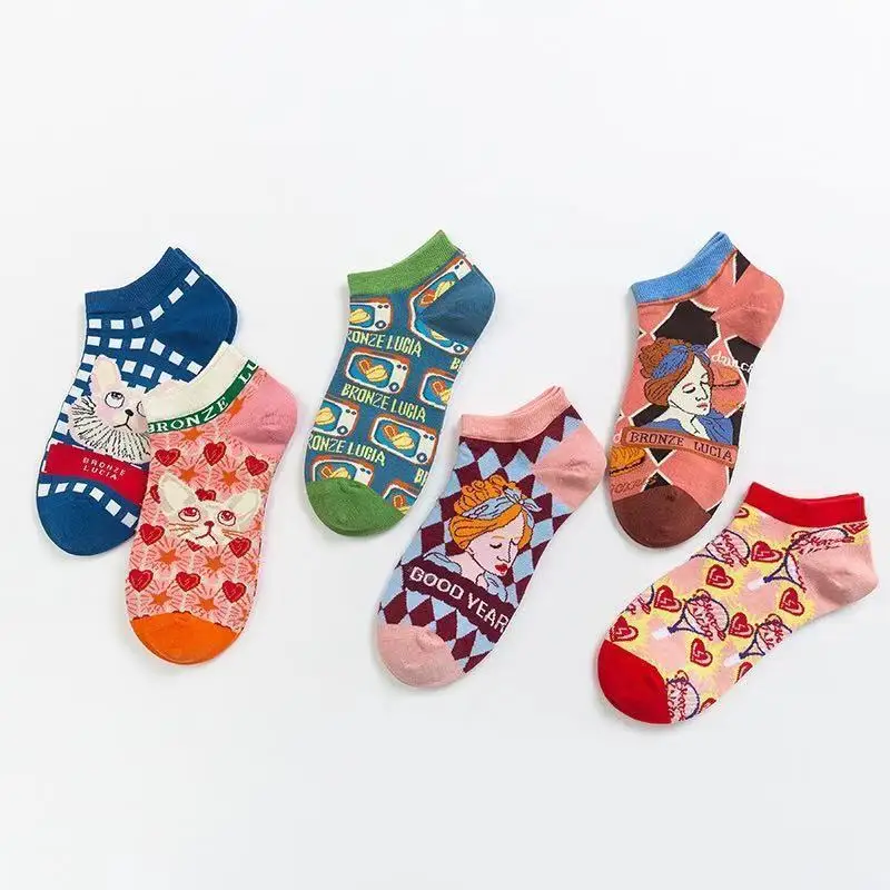 Sfree 6Pairs French Cat Men and Women Personality Retro College Style Shallow Short Socks Summer Literature and Art