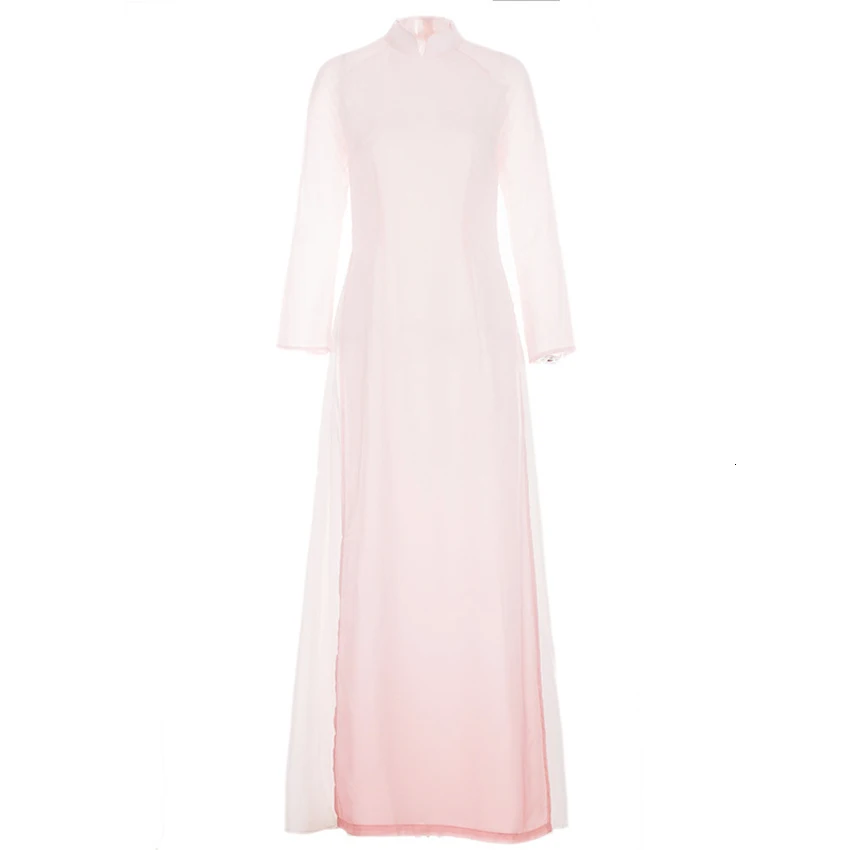 Vietnam Ao Dai White Solid Chiffon Perspective Dress for Woman Chinese Cheongsams Full Sleeve Female Oriental Dress
