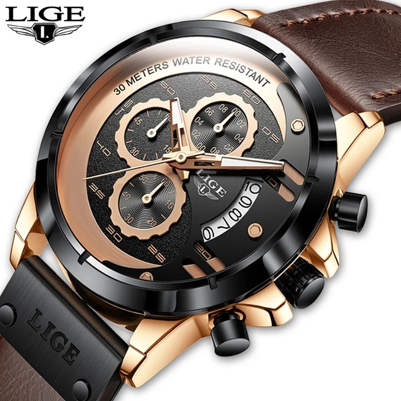 

LIGE-Reloj deportivo informal para hombres, cronÃ³grafo de pulsera de Cuero militar de lujo, mejores marcas, relojes para hombres