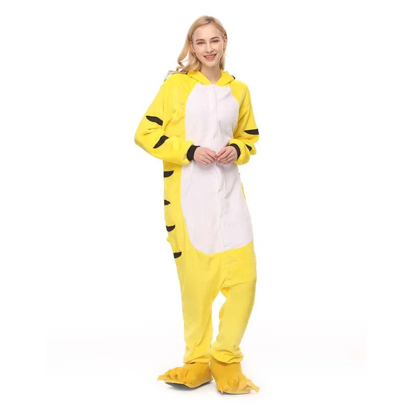 Yellow Animal Cartoon Tiger Pajamas Flannel Adult Unisex Home One-piece Sleepwear Christmas Halloween Cosplay Onesie Costume