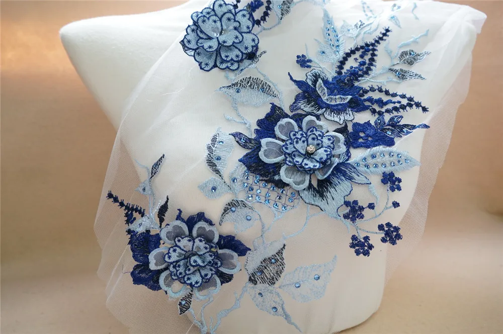 Ярко-голубая ткань 3D Цветочные бусины стразы аппликации вышивка Кружевная