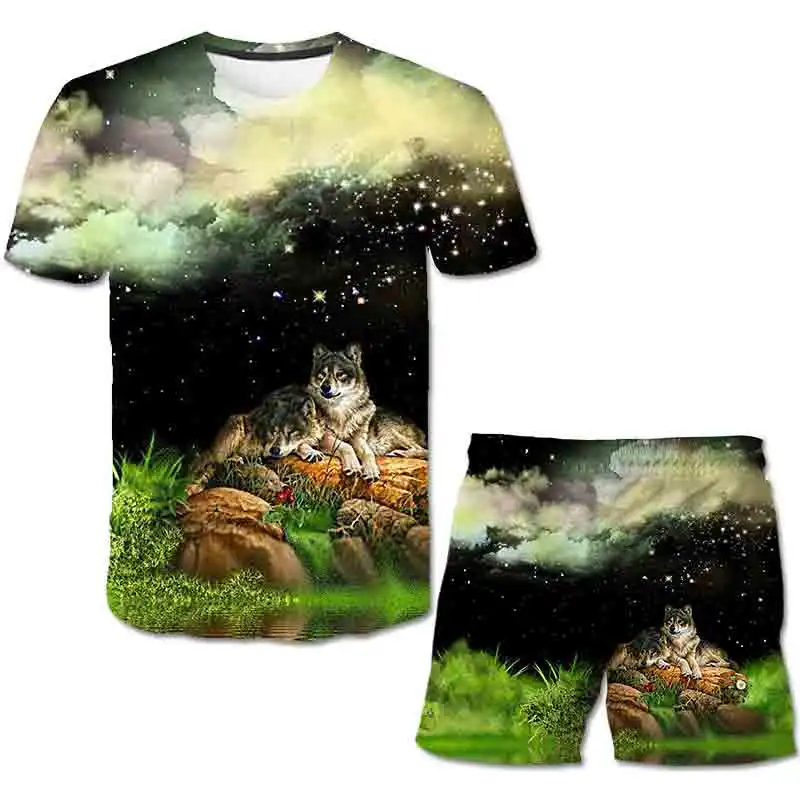 

2021Hot Sale Brand 3D Wolf printing Clothing Summer Clothes Cartoon Kids Boy Clothing Set T-shit+printingCasual shorts