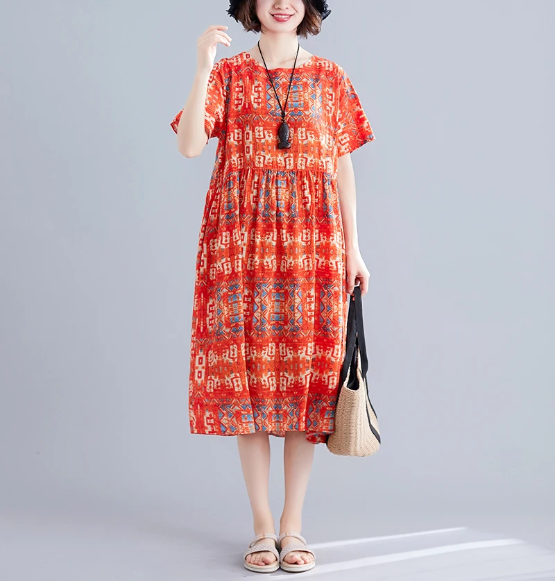 2021 Новое летнее платье граффити винтажное хлопковое льняное с коротким рукавом О