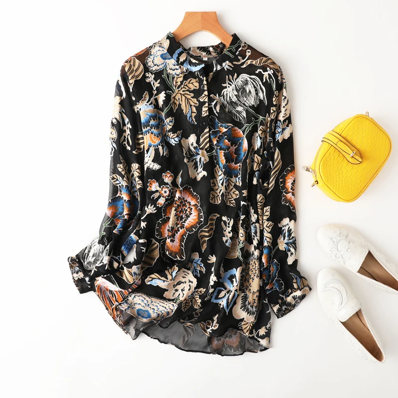 

Women's 100% Silk Shirts Long Sleeve Haut Femme Clothes Blouse Woman Fashion Top Black Flower Print L1253