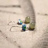 

925 Silver Enamel Cloisonne with Hetian Jade round Beads Classical Ancientry Chinese Style Silver Earrings with Box
