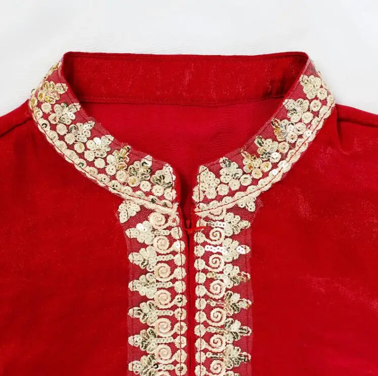 

India Man Red Top Pakistan Ethnic Embroidery Blouse Comfortable Loose Long Sleeves Thin Top