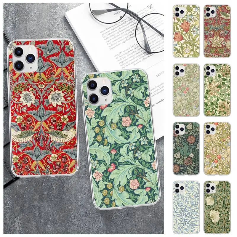 

William Morris Strawberry Thief Design Phone Case For IPhone 12 11 Pro Max Xs X Xr 7 8 6 6s Plus 5s Se 2020 Transparent Cover