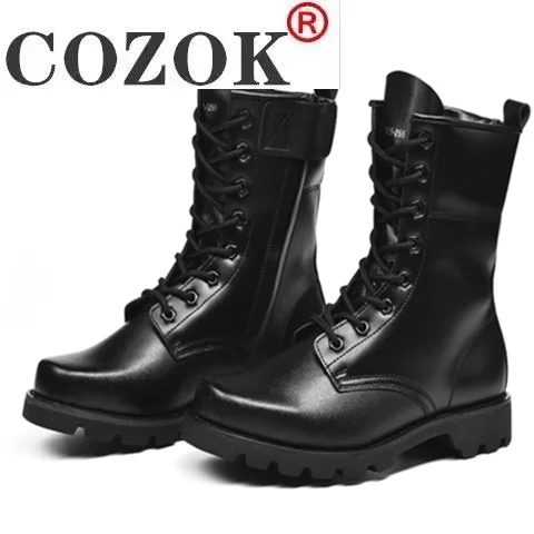 

Steel Toe Men Military Boots Leather Safety Shoes for Men Spring Fashion Lace Up Black Ankle Platform Motorcycle Boots