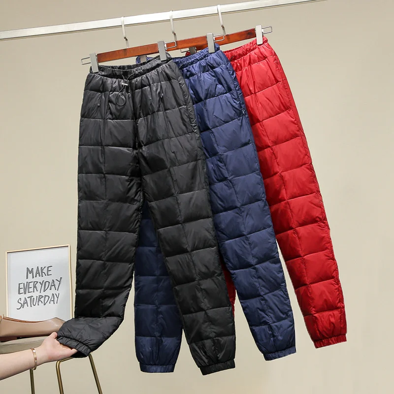 

Зимние теплые женские брюки размера плюс 6XL с белым утиным пухом, Новые однотонные официальные теплые брюки, женские рабочие брюки с эластич...