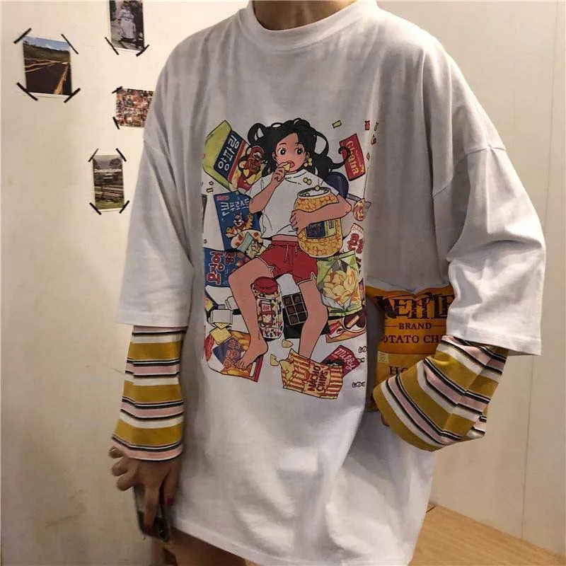 NiceMix, осенняя Женская одежда, корейский Ulzzang, Harajuku, футболка с забавным принтом, поддельные две футболки с длинным рукавом, женские свободные футболки