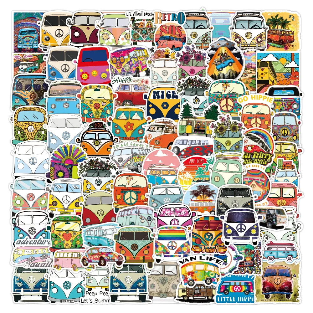 

50/100PCS Retro Hippies Stickers Love and Peace Bus Decals for DIY Stationery Car Motorcycle Laptop Pad Luggage Skateboard