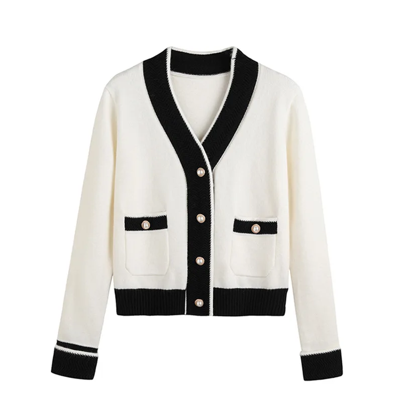 

Spring and Autumn New 2021 Xiaoxiangfeng Knitted Cardigan Women's Short Color Contrast Pearl Buckle Loose Retro Coat Top Thick