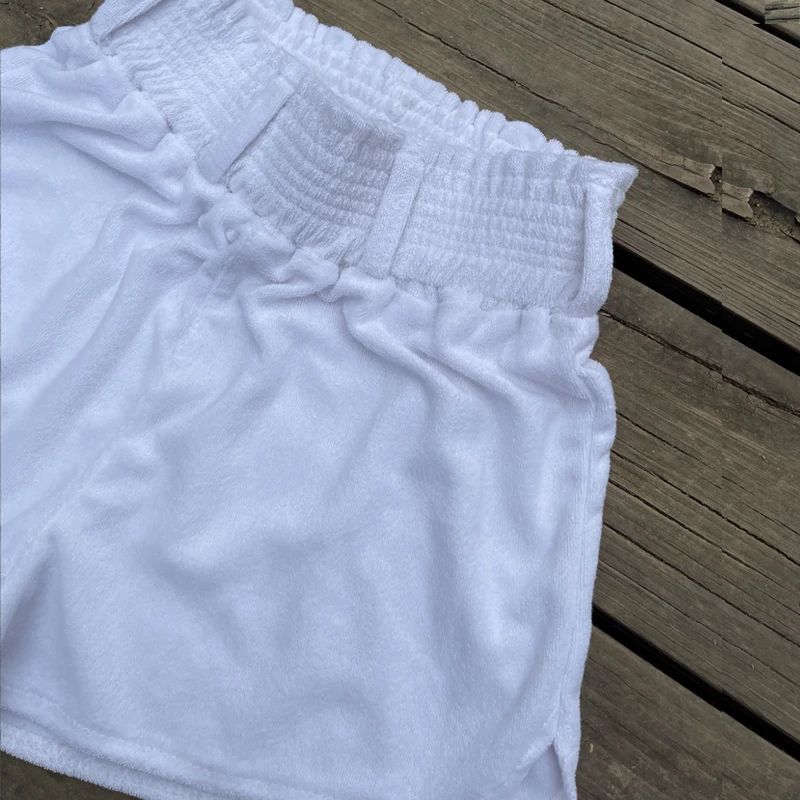 Summer White Towelling Shorts Women Elastic High Waist Wide Leg Shorts Ladies Side Split Casual Sexy Beach Shorts Short Mujer images - 6