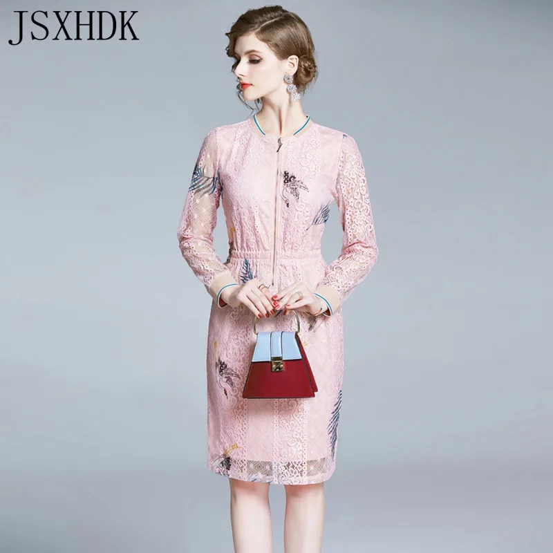 

JSXDHK 2020 Summer Autumn Women Casual Dress O-neck Zipper Patchwork Lace Fashion A-line Elegant Temperament A-line Dress